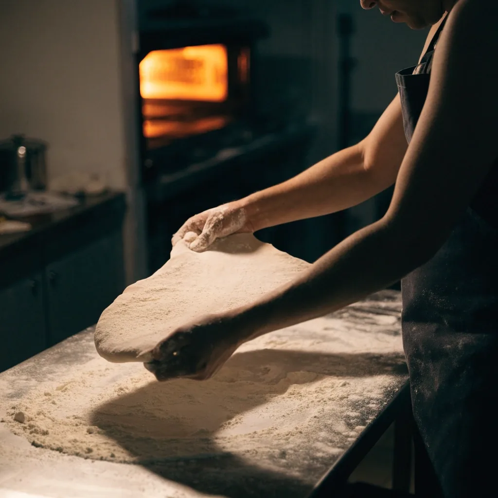 Cook stretching sourdough dough on a floured worktop in the Croydon branch kitchen