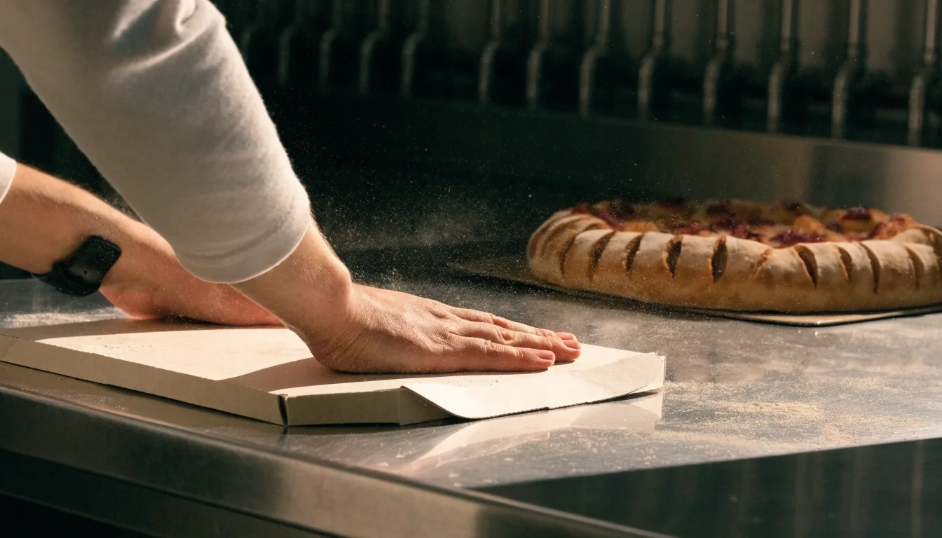 Hand pressing a folded pizza box flat on the stainless counter at the Croydon branch