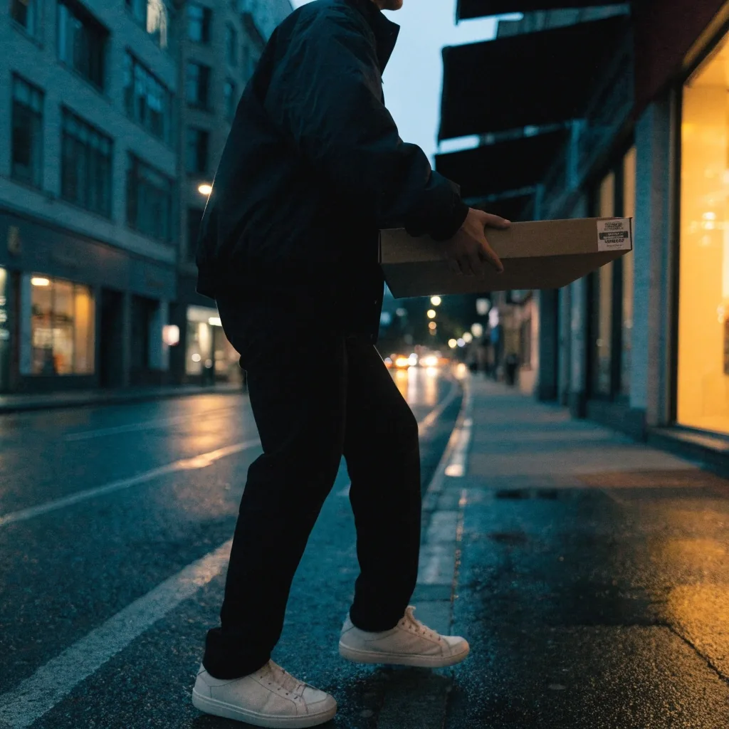 Rider holding a sealed pizza box on a Croydon street after dark