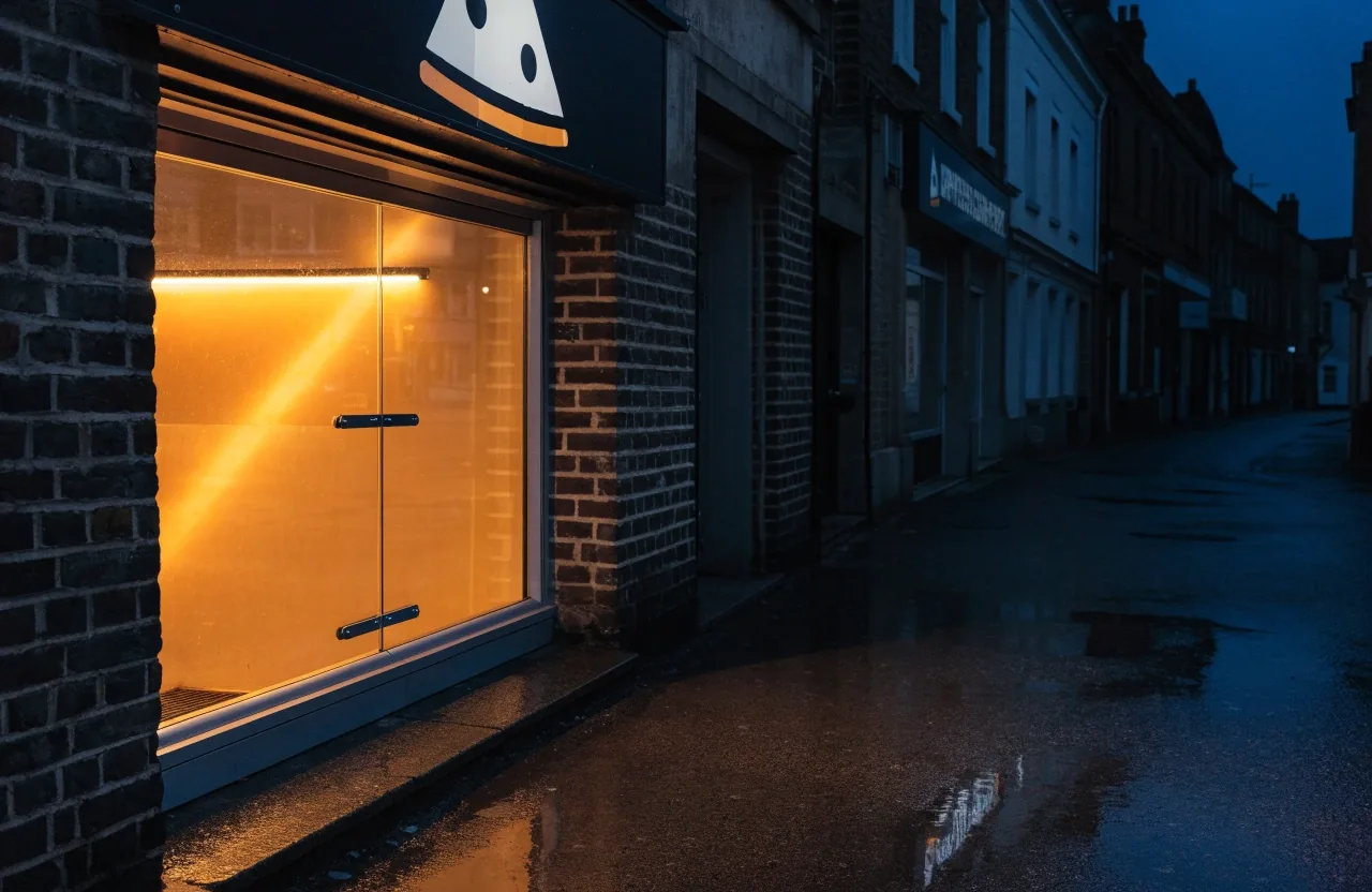 Night view of the pizza branch frontage on Croydon High Street after closing, warm counter light on the pavement