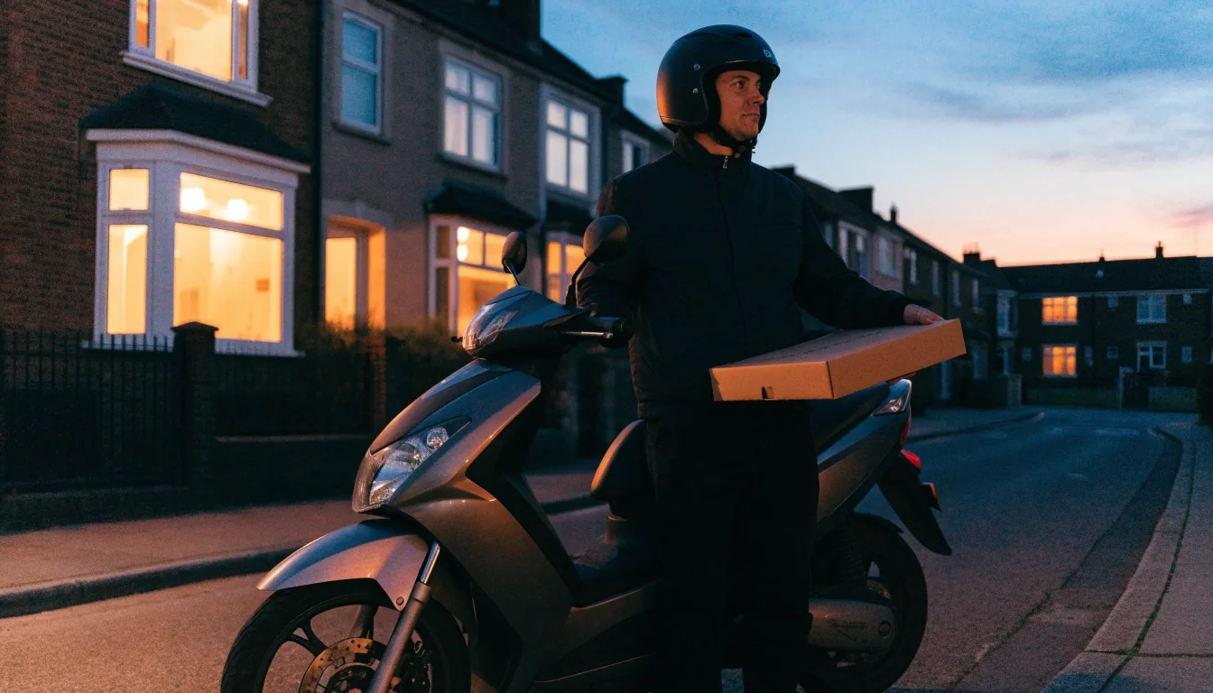 A delivery rider standing beside a scooter with a pizza box under one arm at dusk