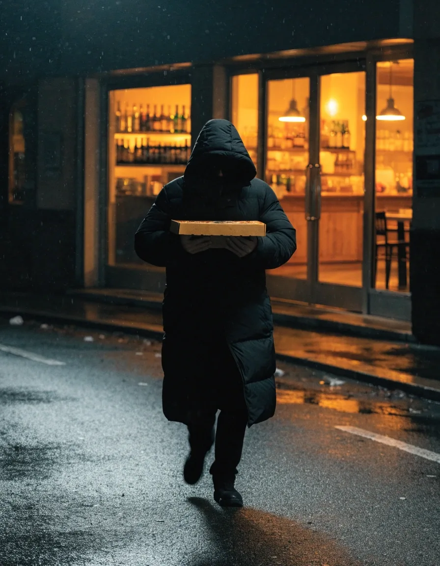 A customer collecting a pizza box at the branch doorway at night
