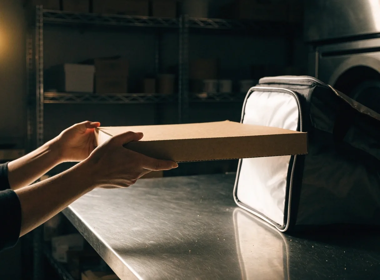 A closed pizza box being lifted from the counter beside a delivery bag