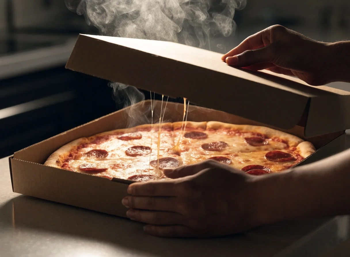 An open pizza box on a kitchen counter with steam rising from a hot pizza