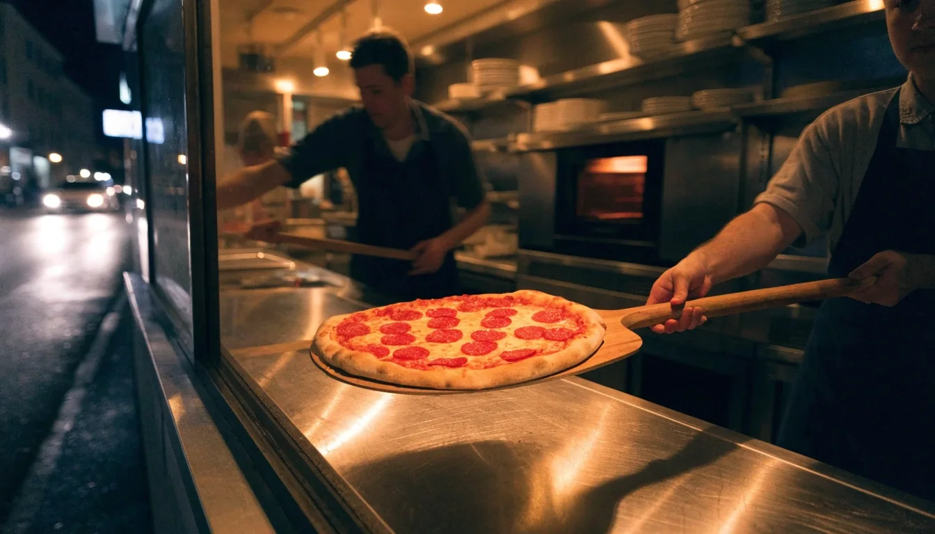 A Croydon high street pizza counter at night, warm kitchen light spilling onto wet pavement