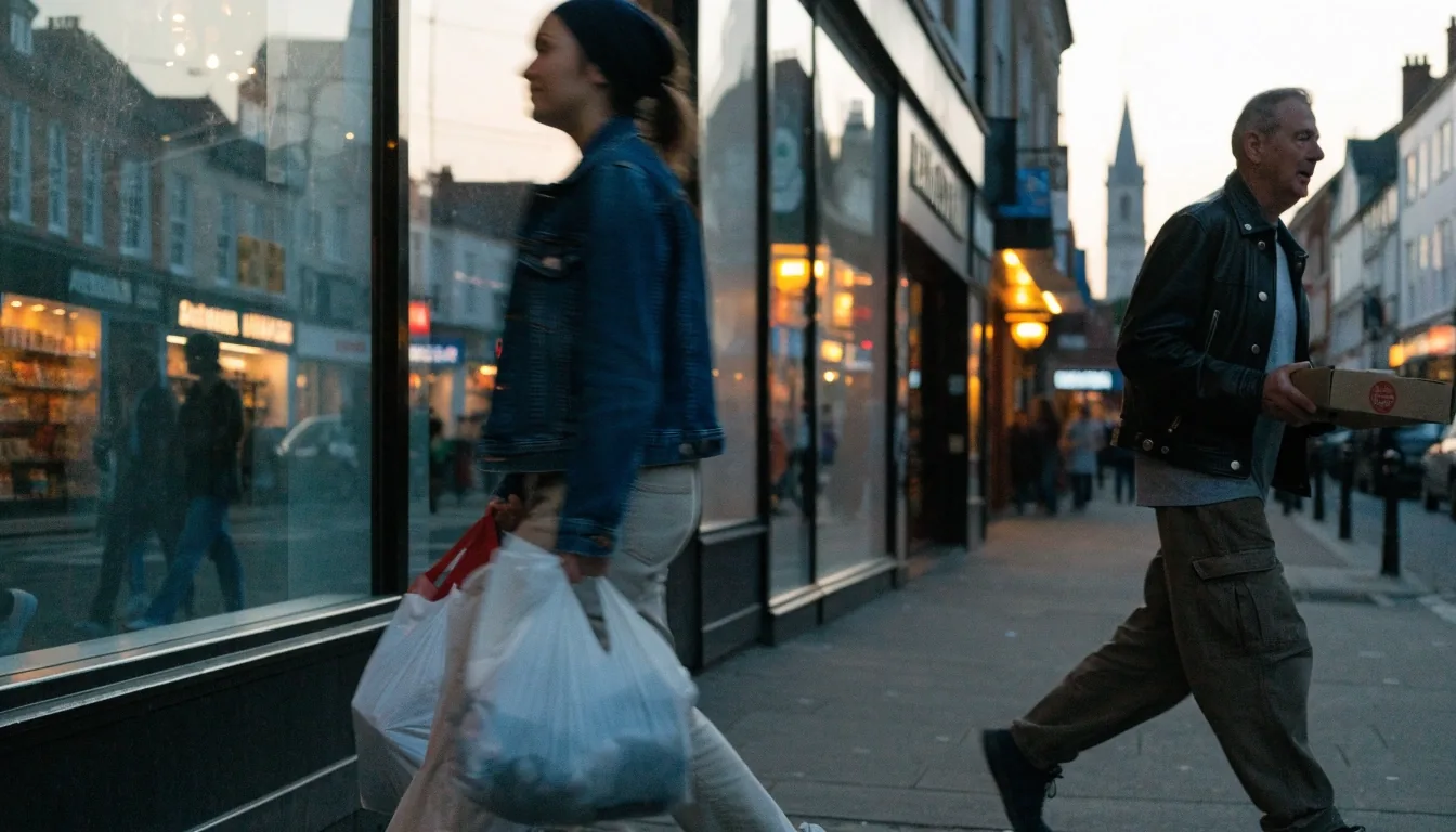 Shoppers walking along a town centre high street near the branch