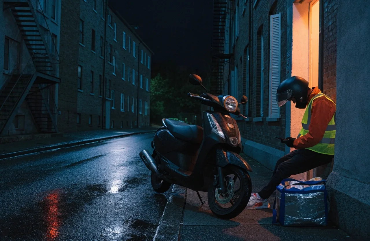 A delivery rider waiting beside a scooter on a wet Croydon street at night