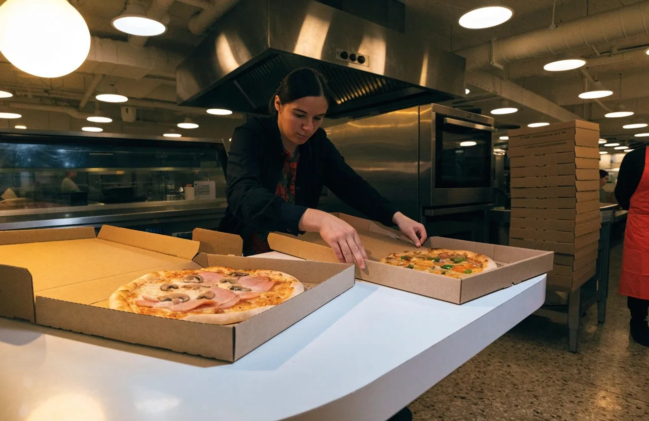 A slice lifted from a freshly opened pizza box, hot cheese stretching in counter light
