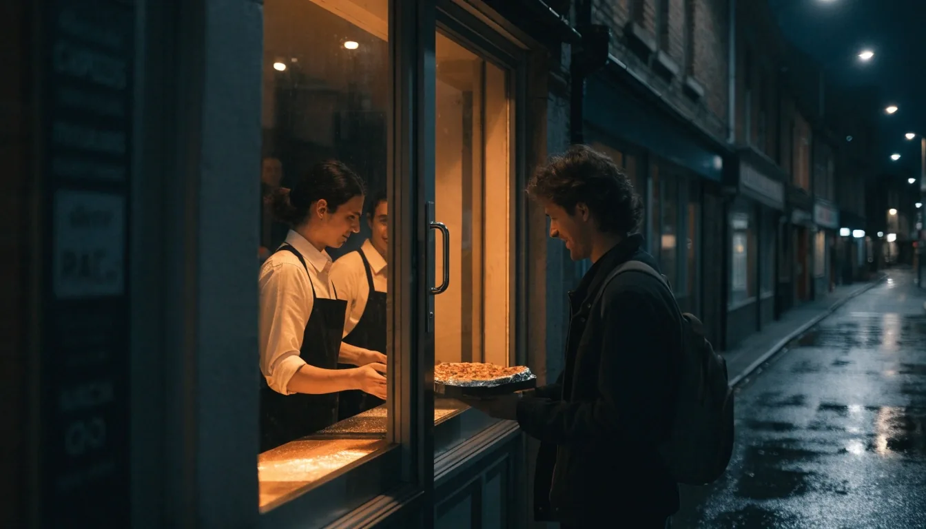 A Croydon high street pizza counter lit warmly at night, wet pavement reflecting the window light