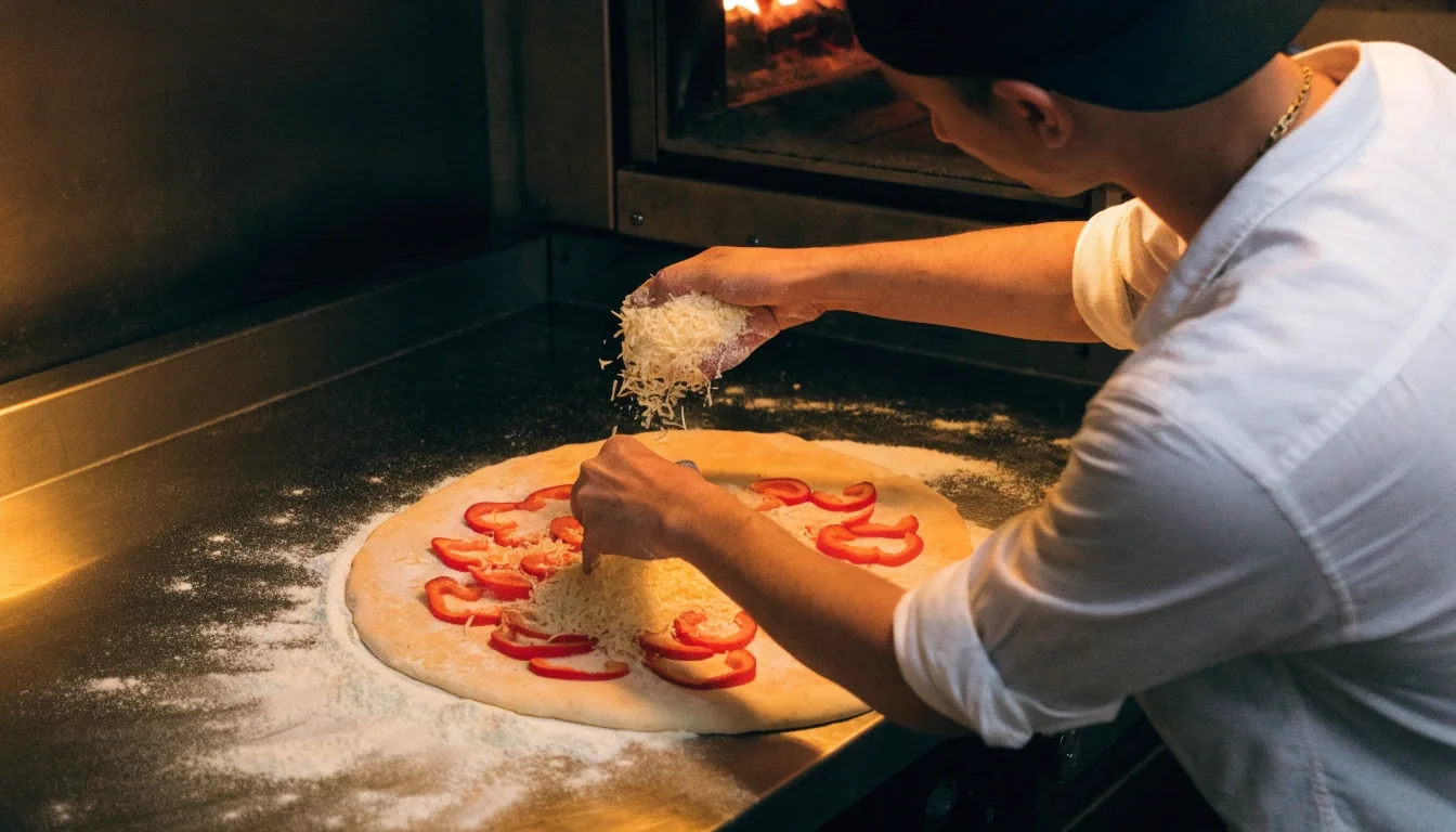 Hands distributing cheese and peppers across a pizza base on a dark kitchen counter