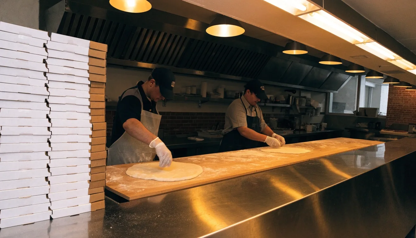 Stacked pizza boxes on a pass while staff work the dough bench behind