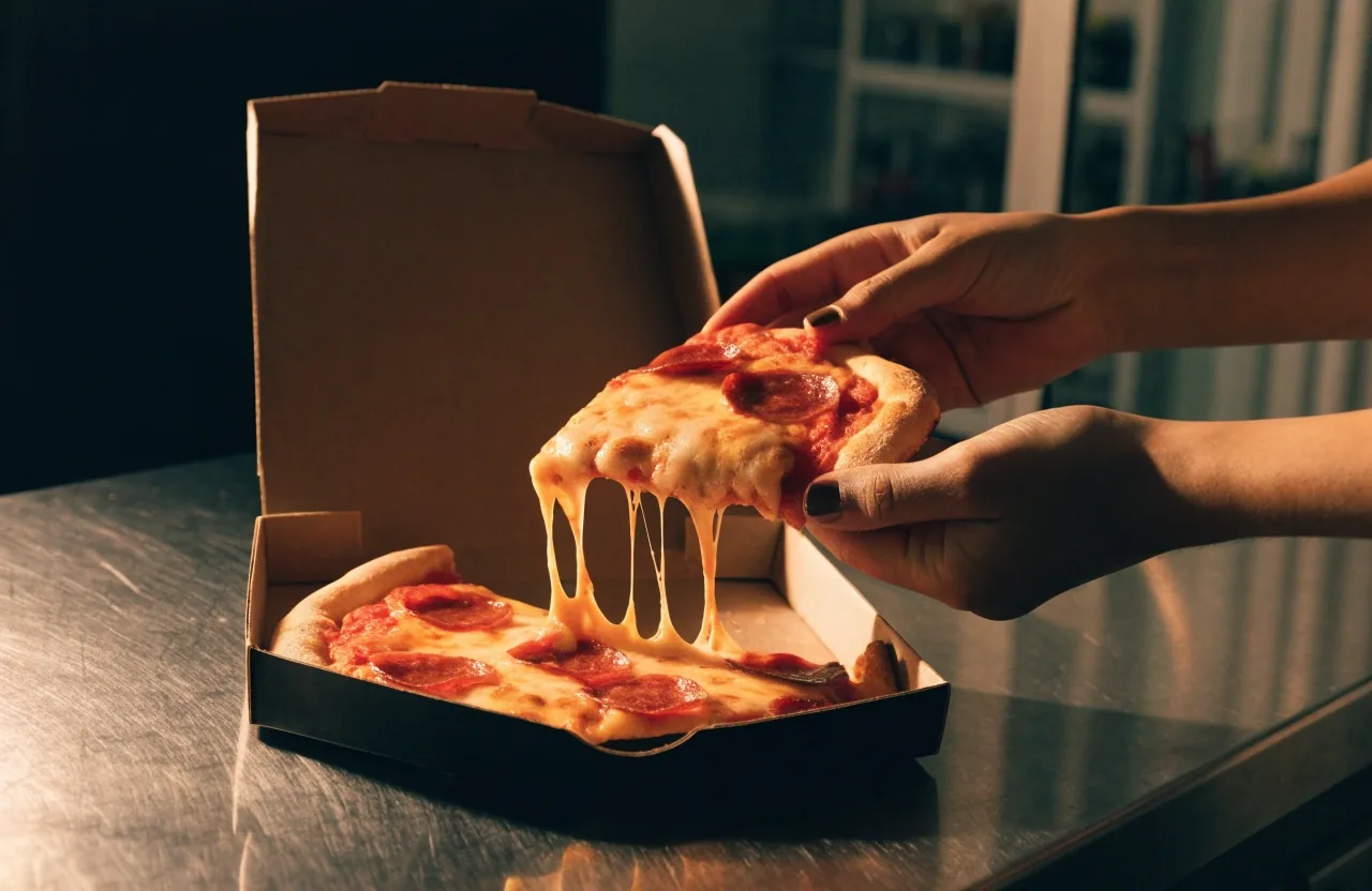 A slice of pepperoni pizza lifted from an open box on a night kitchen counter