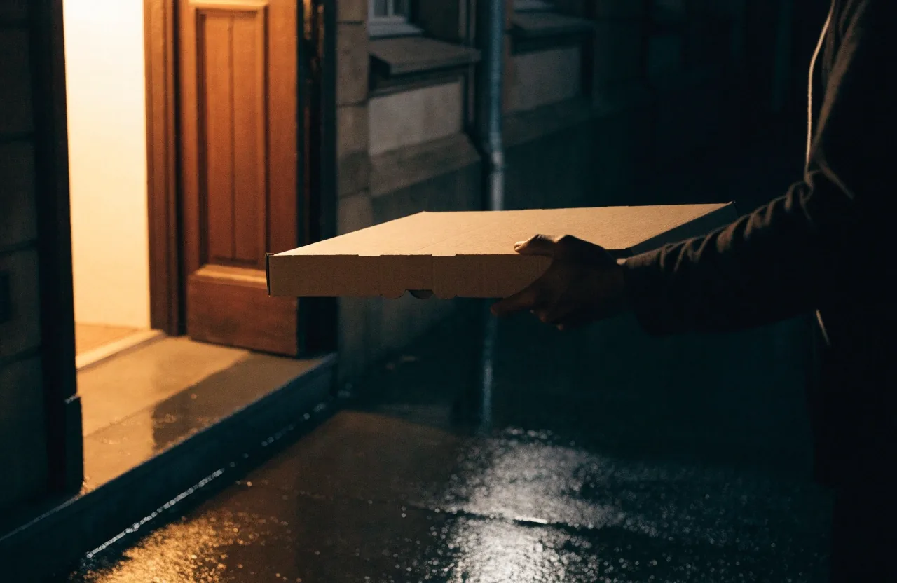 A sealed pizza box held at a doorway at night with warm light on the step