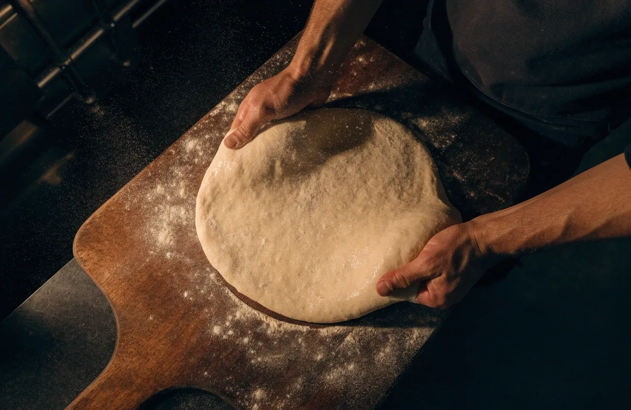 Raw sourdough pizza base being stretched on a floured peel in a night kitchen
