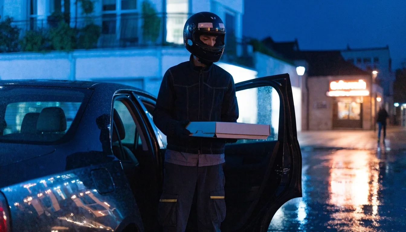 A delivery rider holding a sealed pizza box beside a car on a wet Croydon street at night, warm shop light behind