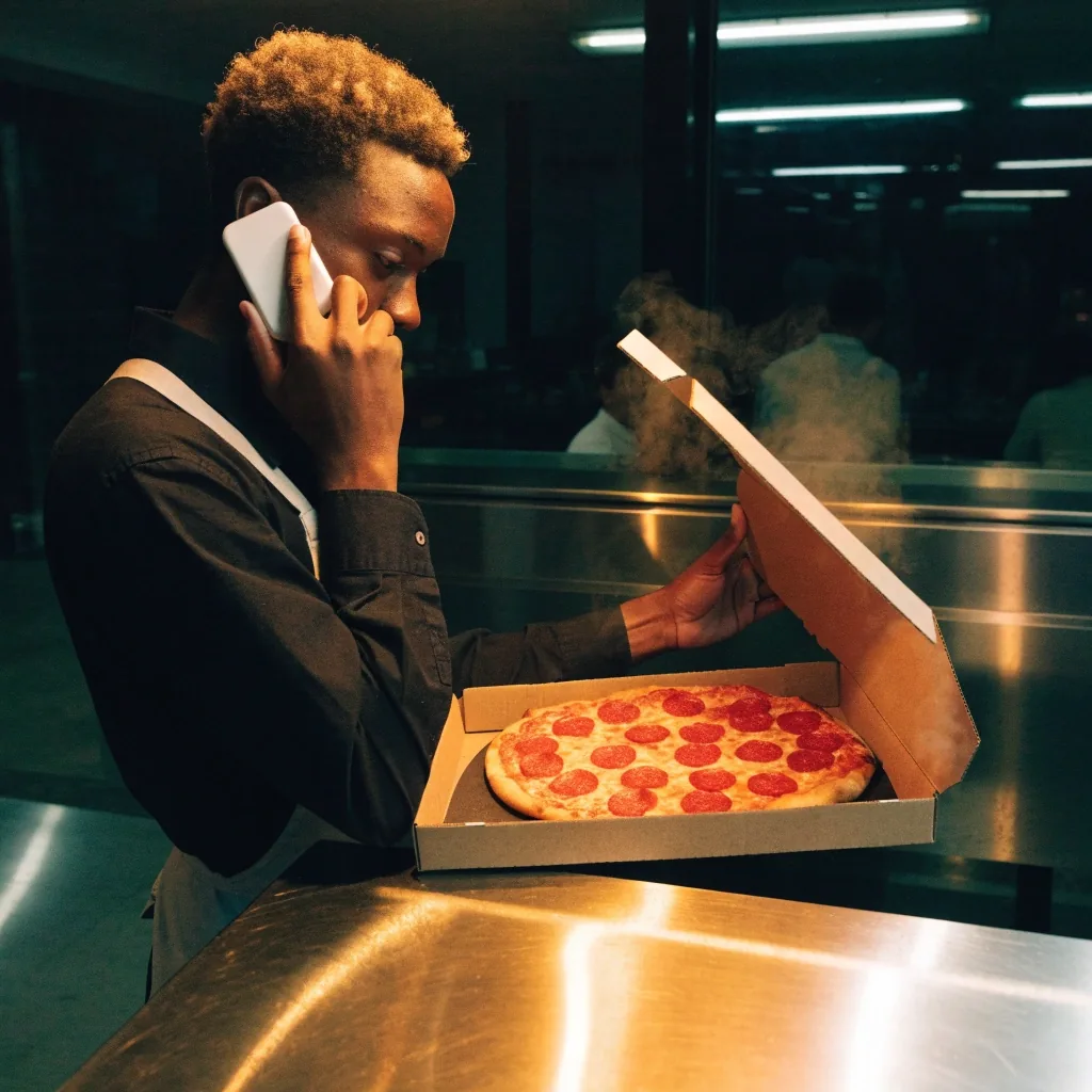 A pizzeria staff member taking a phone order at the takeaway counter under warm counter light at night