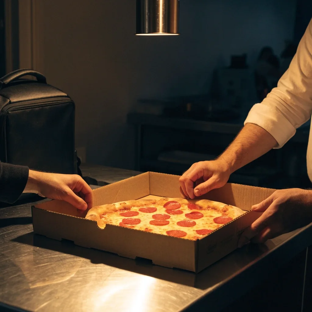 Hands passing a plain pizza box across a stainless counter towards a delivery bag in a night kitchen