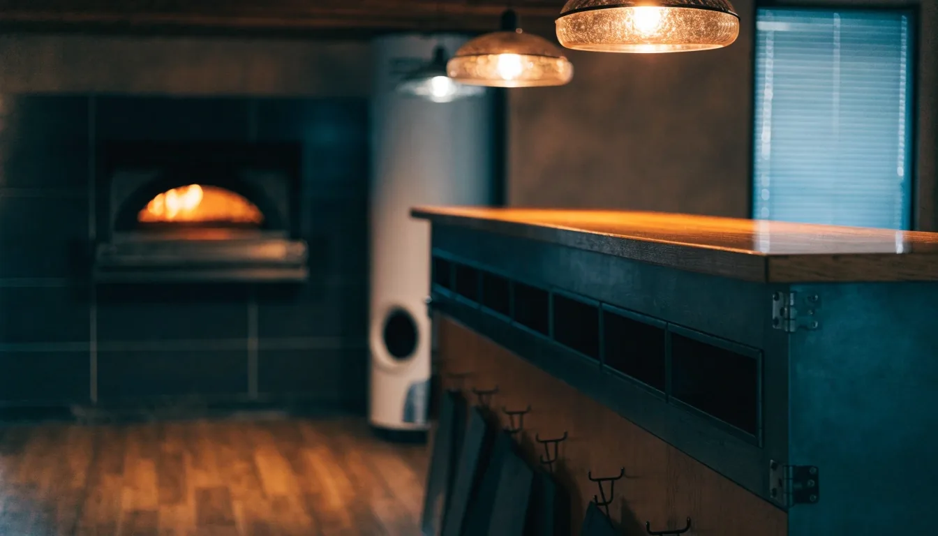 Pizza takeaway counter on a Croydon high street at night with warm light falling across the pavement