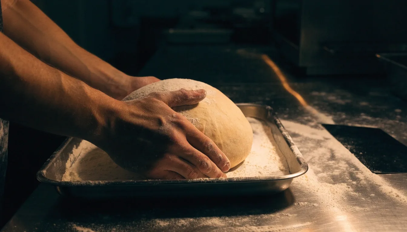A pizzaiolo lifting a proofed dough ball from a steel tray under warm counter light in the Croydon kitchen
