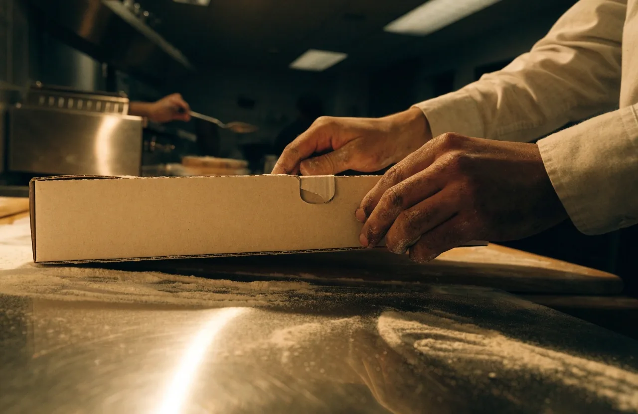 A plain sealed pizza box resting on the steel counter under warm kitchen light