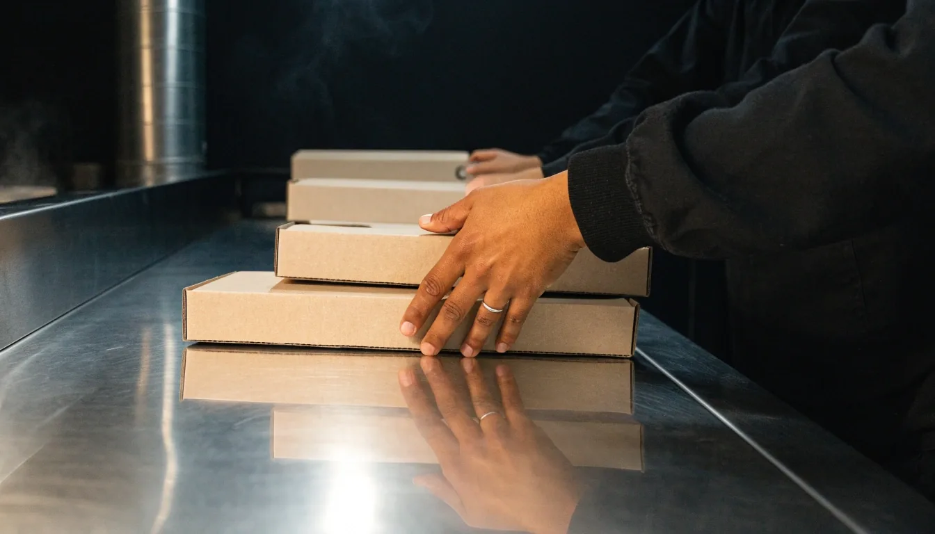 A courier holding a sealed plain pizza box flat at a doorway at night, warm kitchen light behind