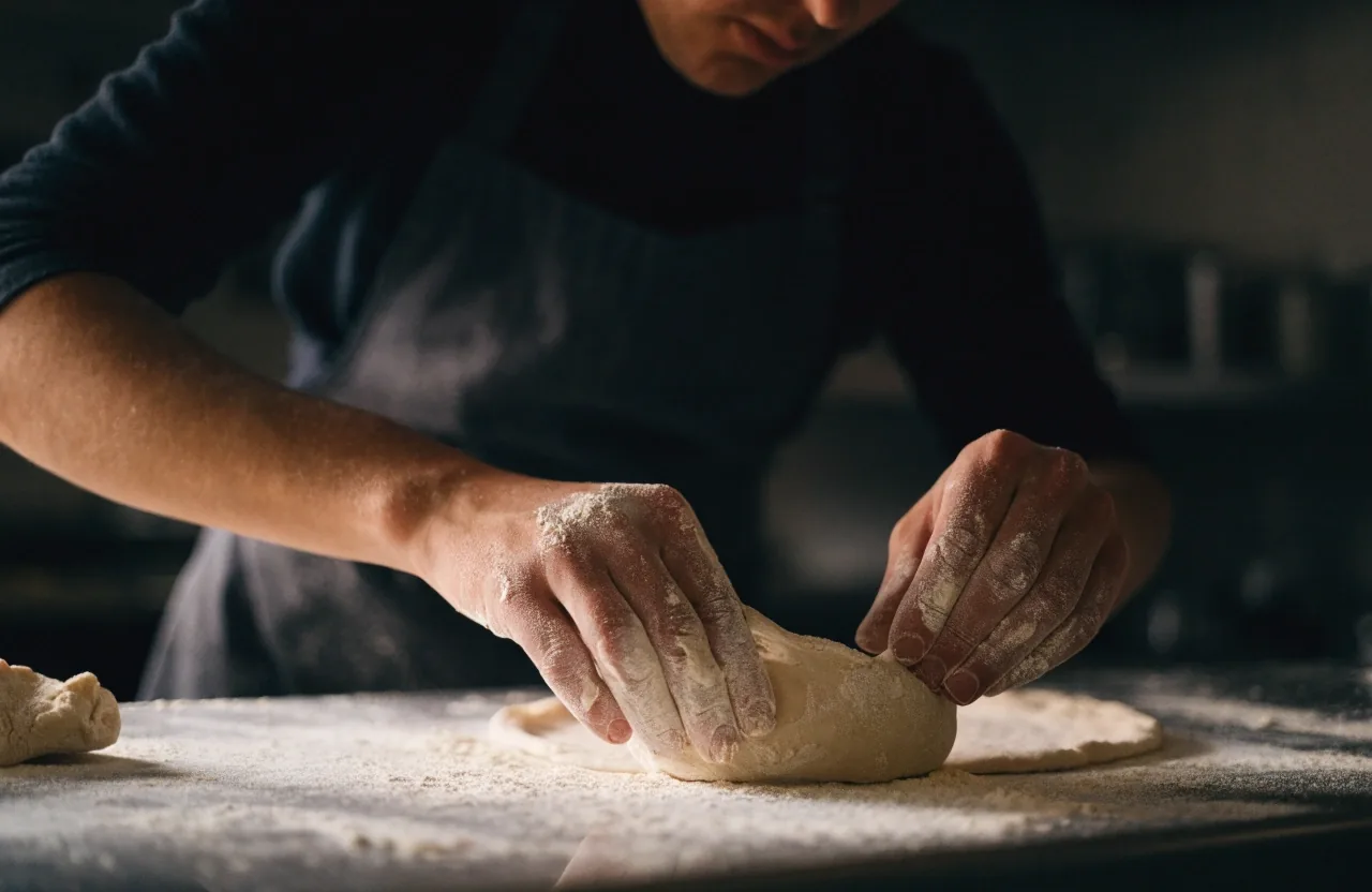 Hands stretching a sourdough base across a floured steel counter in the kitchen